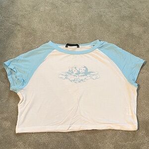 SHEIN White and Light Blue Ribbed Top